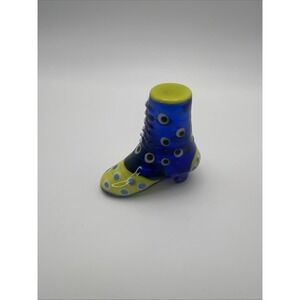Vtg Y2K Art Glass Victorian Shoe Figurine Blue Yellow Polka Dot 2" Unsigned